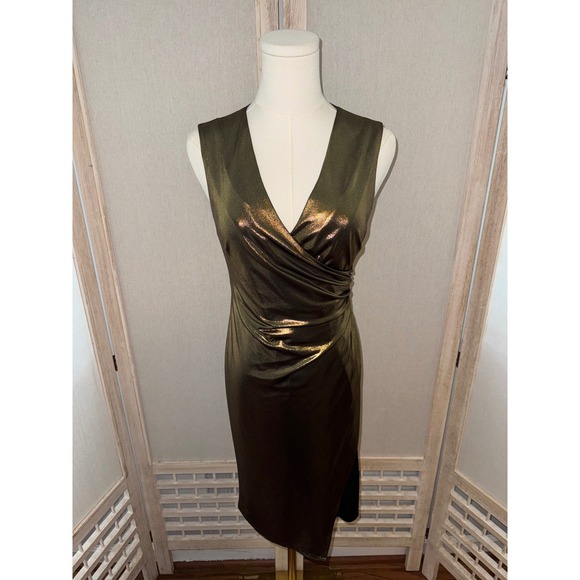 Tommy Hilfiger Metallic Gold Dress Sleeveless V Neck Party Cocktail Size 2 - Picture 1 of 8